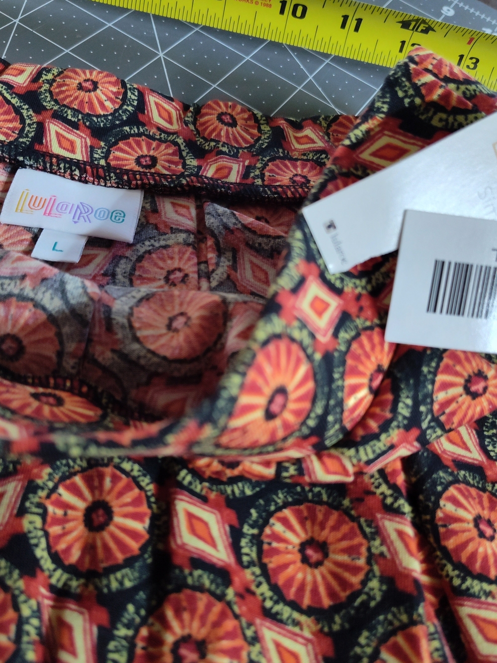 LuLaRoe Madison Orange, Green & Black Patterned Women's Midi Skirt Size L